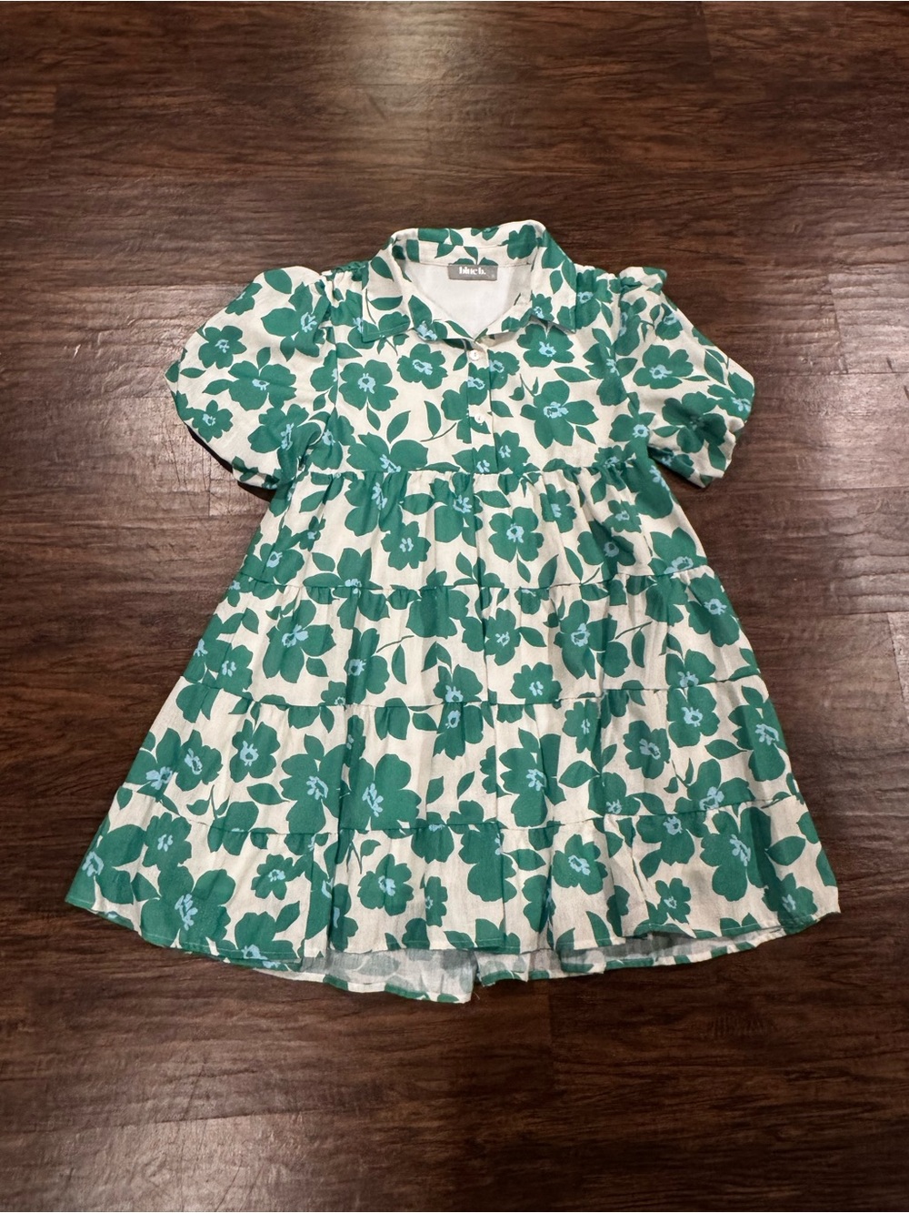 Cream Mini Dress with Green Floral Print and Puff Sleeves